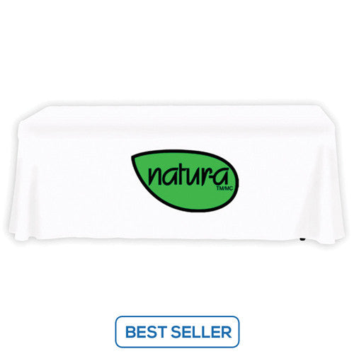 6 Foot 3-Sided Stock Color WHITE with 2 Color Logo Imprint Table Covers