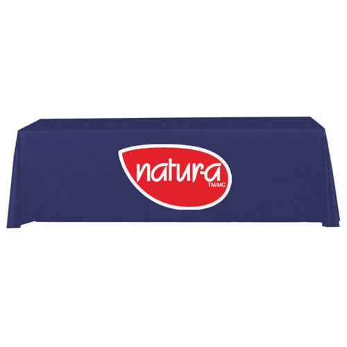 8 Foot 3-Sided Stock Color BLUE with 2 Color Logo Imprint Table Covers