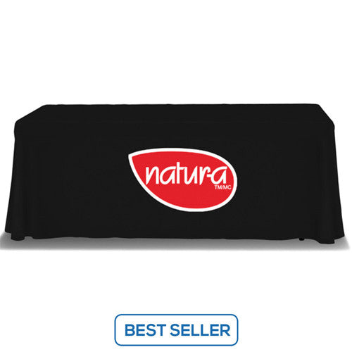 6 Foot 3-Sided Stock Color BLACK with 2 Color Logo Imprint Table Covers
