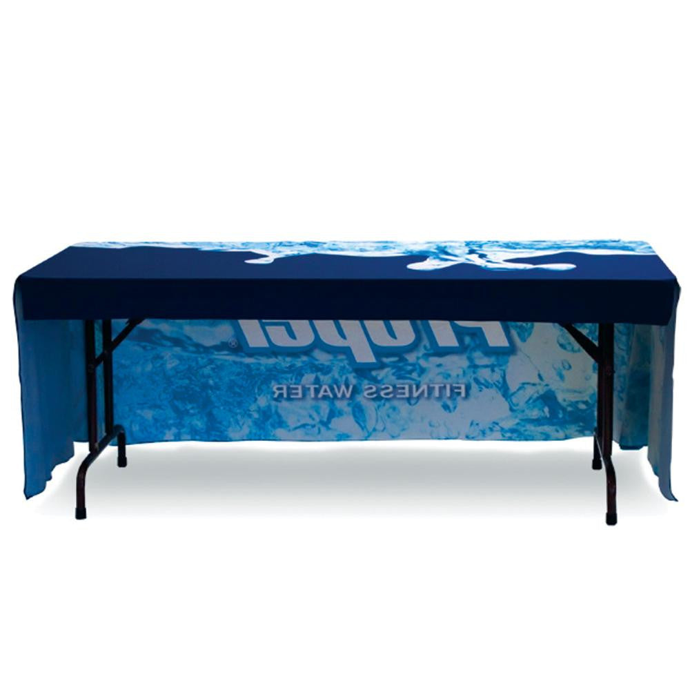 Back view of 6 foot 3 sided custom printed table throw
